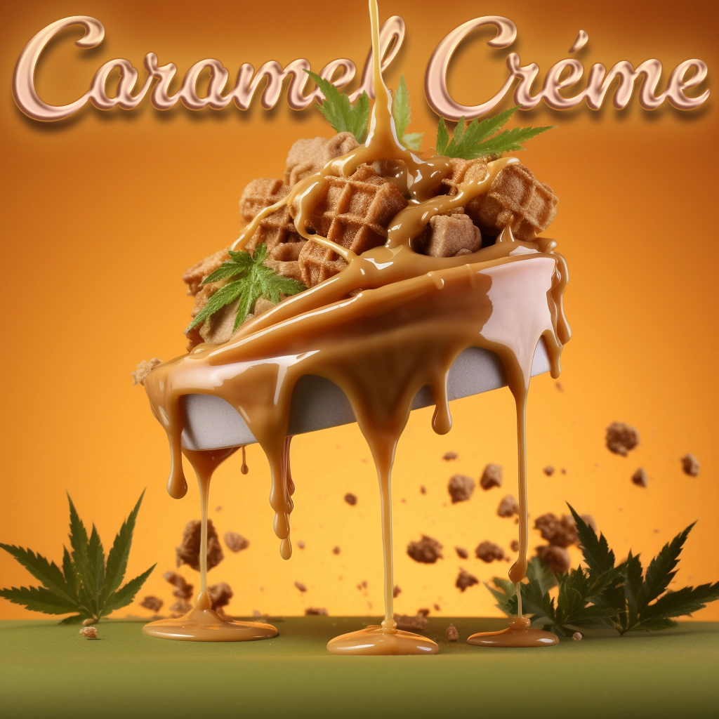 Graphic of a caramel dessert with cannabis leaves, labeled 'Caramel Crème.'