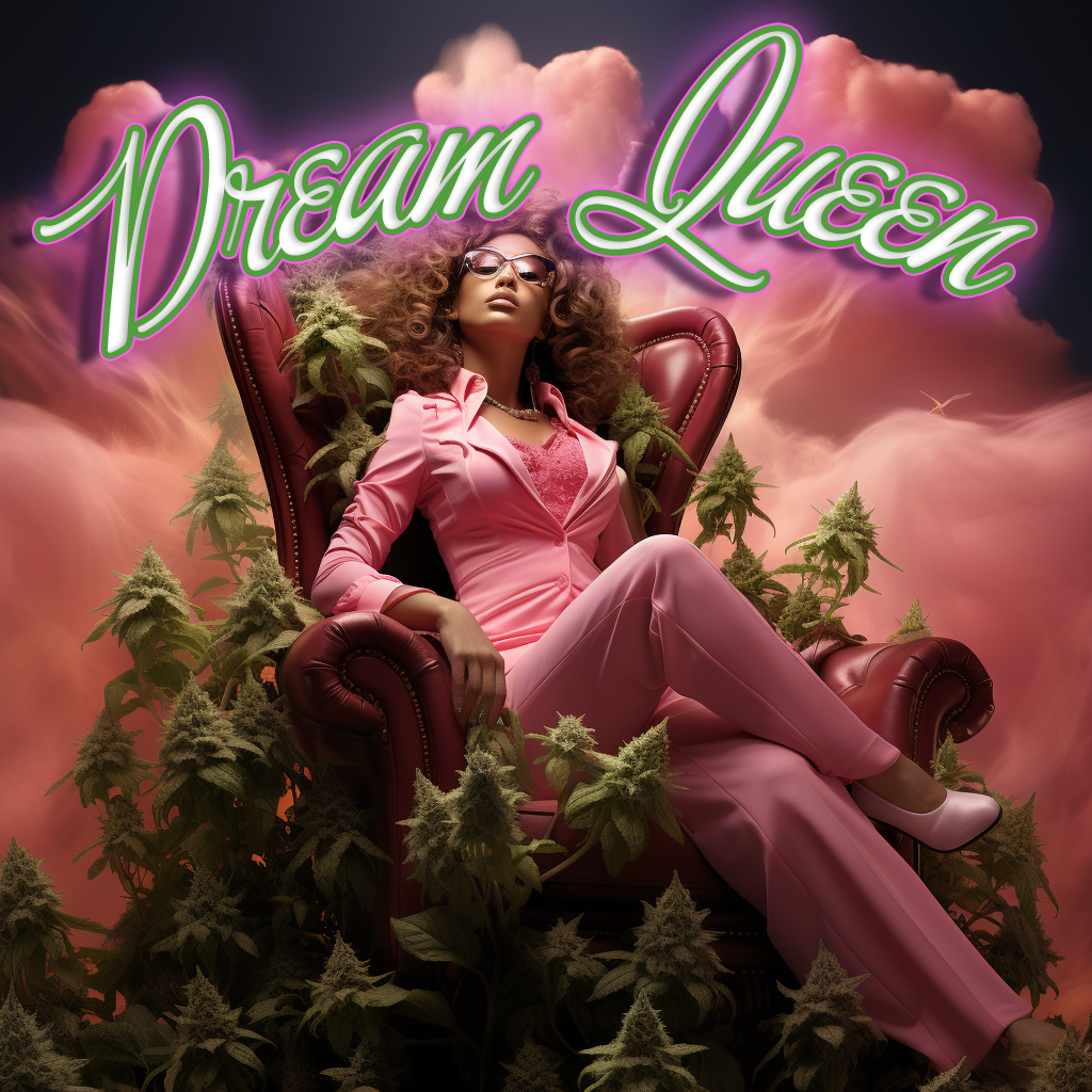 Stylized image of a woman in pink, lounging on a throne surrounded by cannabis plants, with the text 'Dream Queen.'