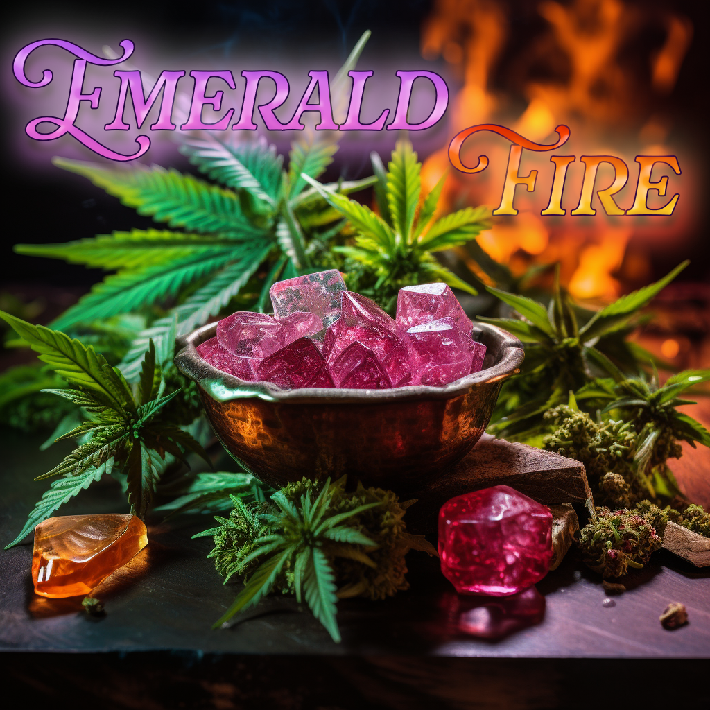 Bowl of gemstones surrounded by cannabis leaves with 'Emerald Fire' text, against a fiery background.