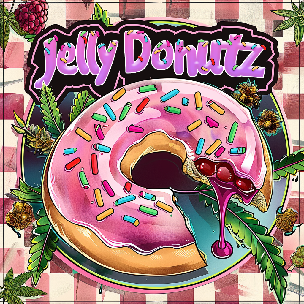 Graphic illustration of a jelly donut with a leaking filling and the text 'Jelly Donuttz'.