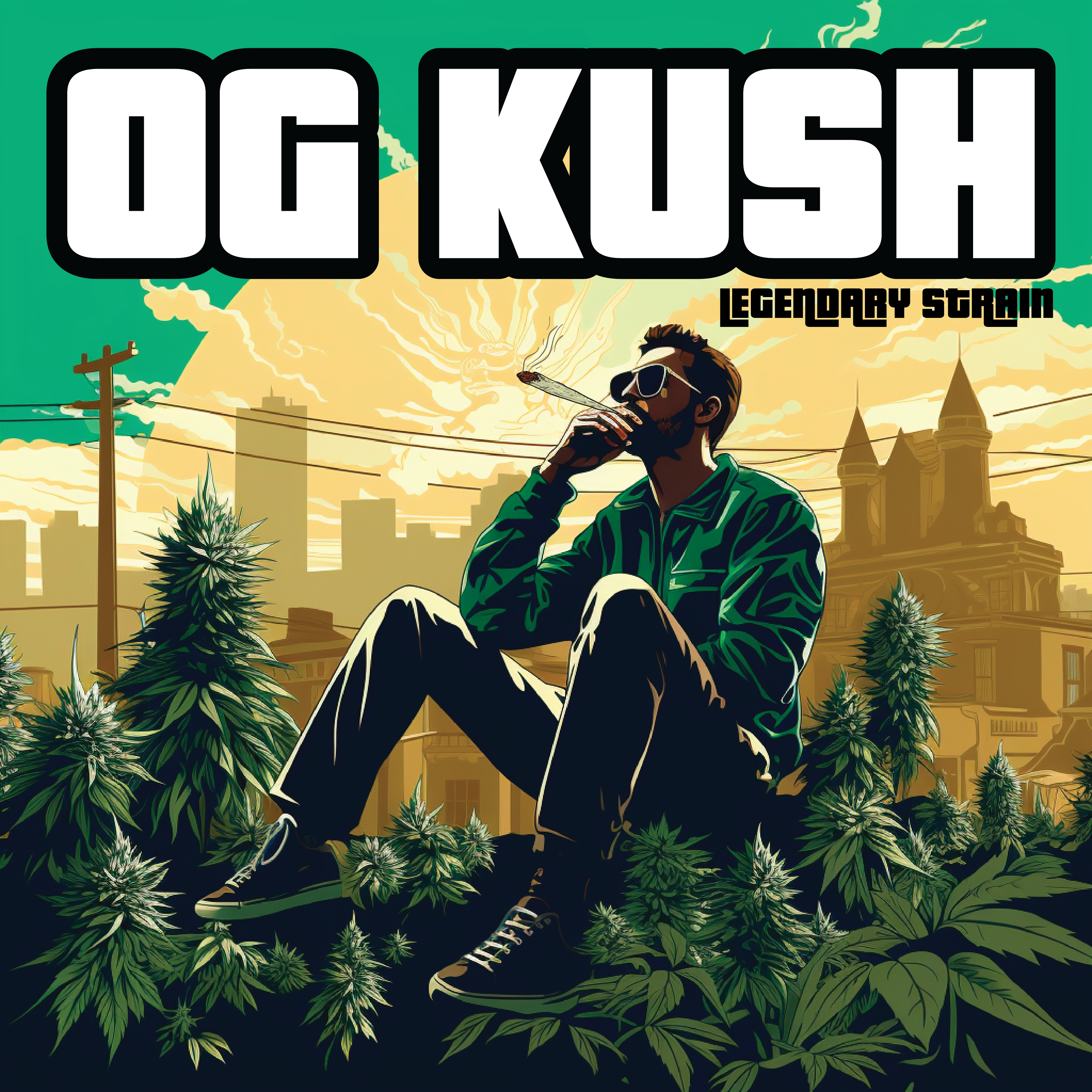 Illustration of a person among cannabis plants with 'OG KUSH' text overhead.