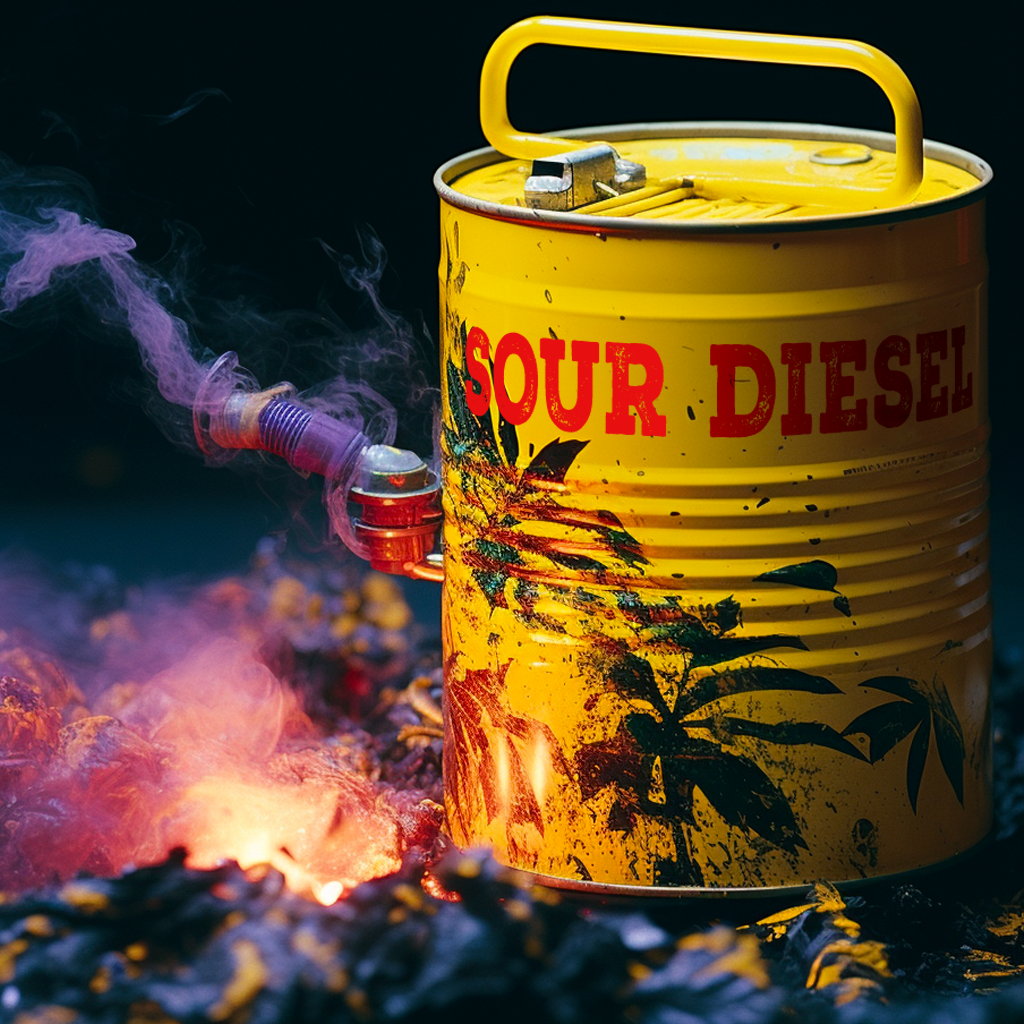 A vibrant yellow 'Sour Diesel' can with smoke, surrounded by a mysterious purple haze and debris.