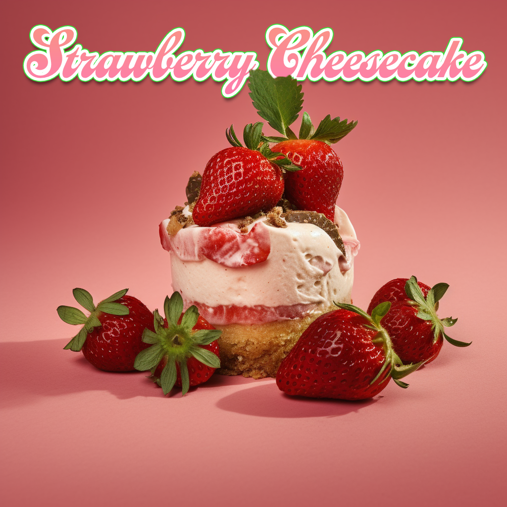 A strawberry cheesecake with fresh strawberries on a pink background.